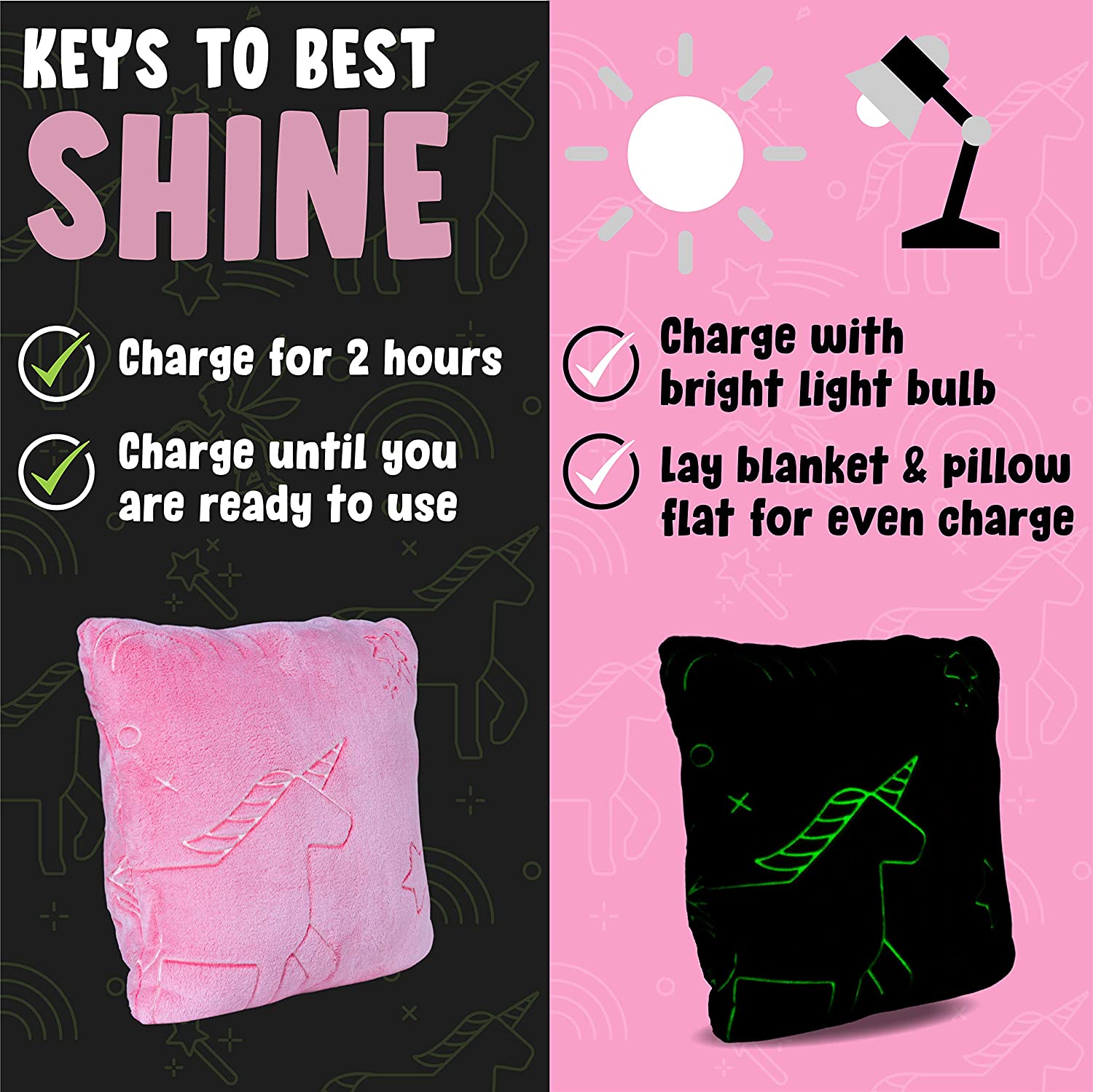 GloFun Glow in the Dark Pillow / Blanket Choose from Pink Unicorn or Grey Outer Space Order