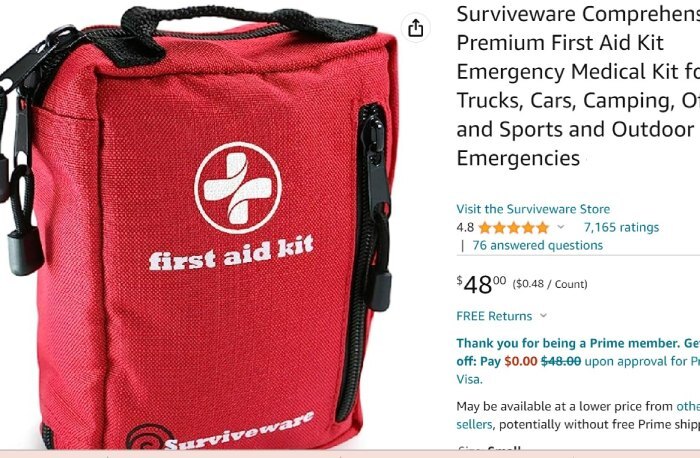 48 on  with 5-star reviews, see additional image) - Surviveware  Comprehensive Premium First Aid Medical Kit for Trucks, Cars, Camping,  Office and Sports and Outdoor Emergencies - 100 Piece Set 