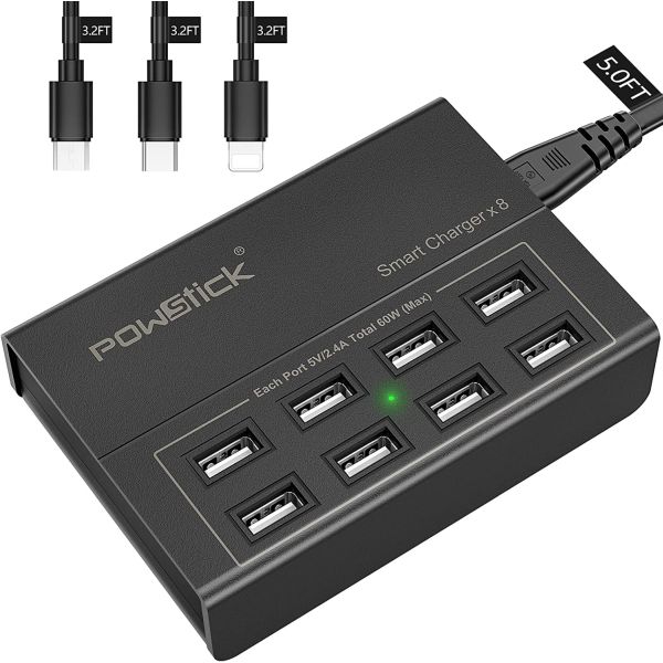 Eight Port High Speed USB Charger Station with 3 Charging Cords