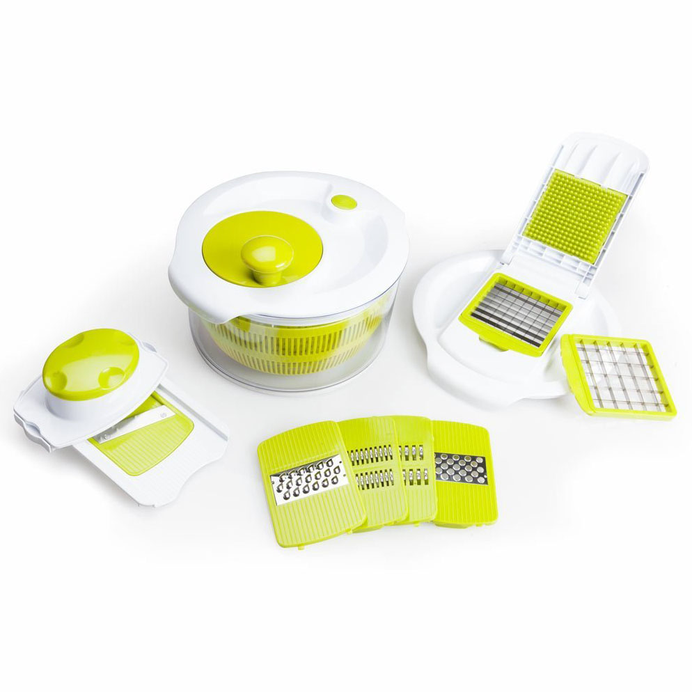 Salad Spinner with Mandolin Slicer, Chopper, and Grater Lid and 7