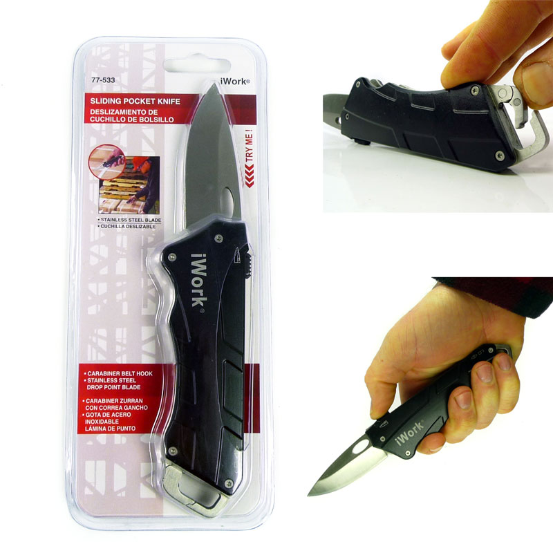 iWork Super Durable Sliding Blade Pocket Knife With Carabiner Clip