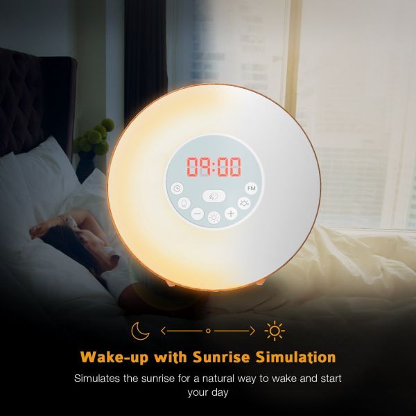 Progressive Sunrise Alarm Clock with 6 Natural Sounds & FM Radios The light slowly brightens
